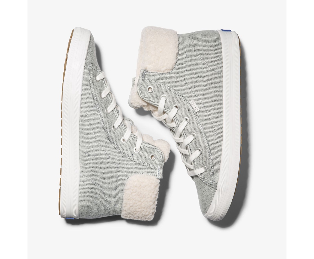 Womens Keds Sneakers - Kickstart Hi TRX Brushed Denim Faux Shearling - Grey - 7302-FRAHC